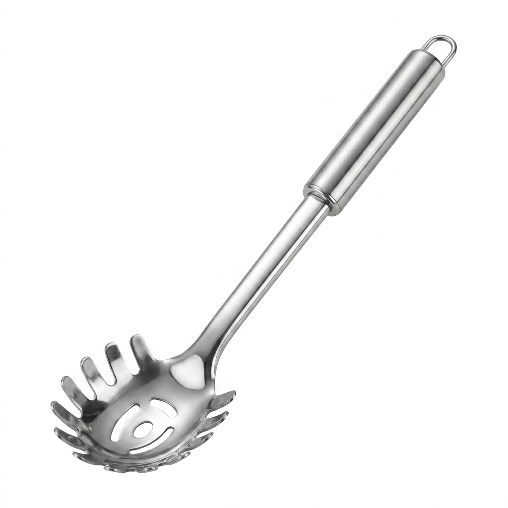 stainless steel pasta spoon against a white background