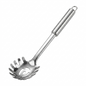 stainless steel pasta spoon against a white background