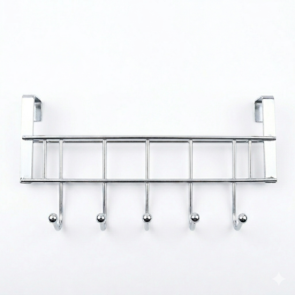 Chrome wall-mounted hook rack with multiple hooks on a white background