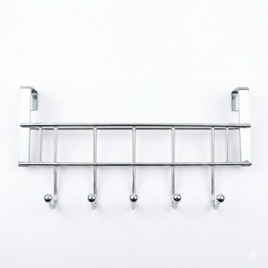 Chrome wall-mounted hook rack with multiple hooks on a white background