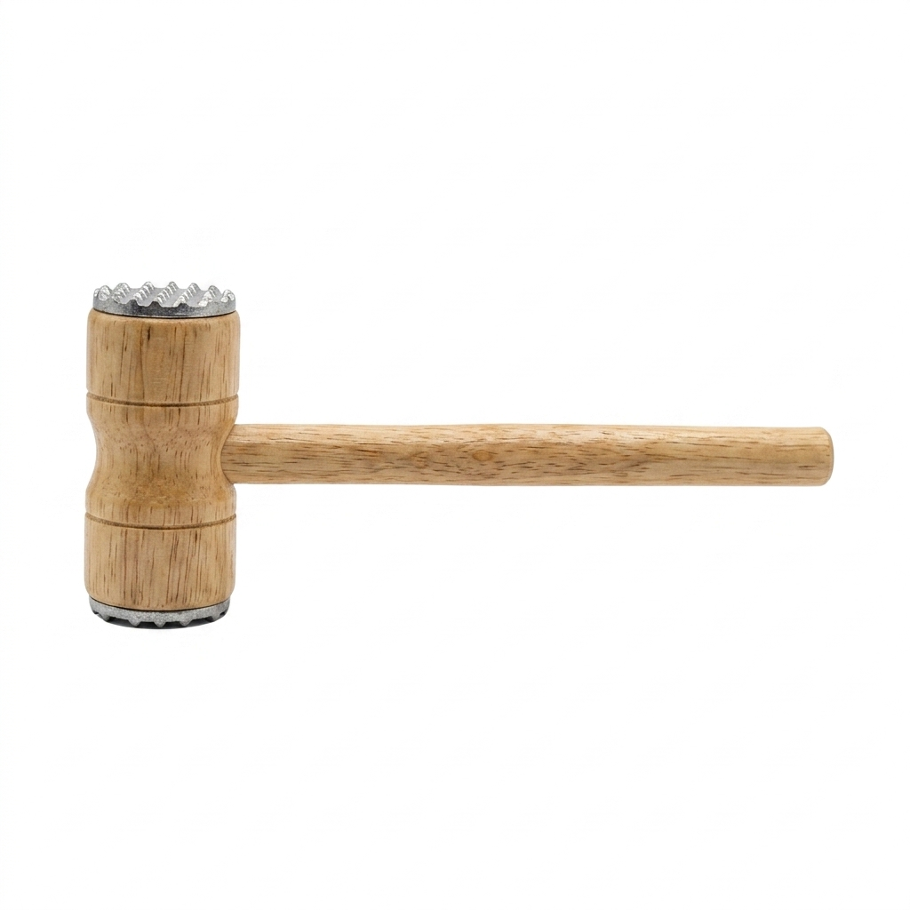 Wooden mallet for meat with metal head on a white background
