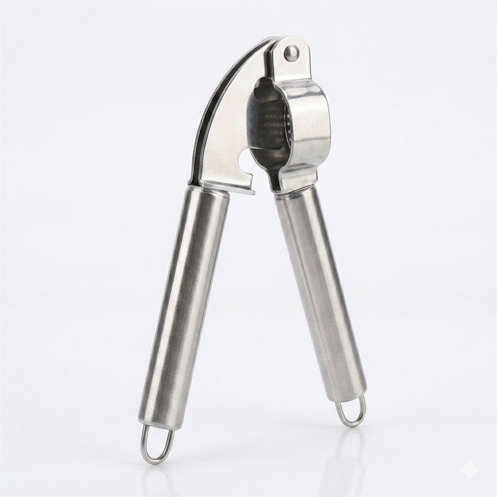 Stainless steel garlic press on a white background