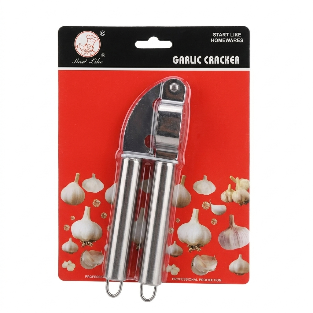 Garlic cracker on a red packaging with garlic illustrations and 'Start Like Homewares' branding.