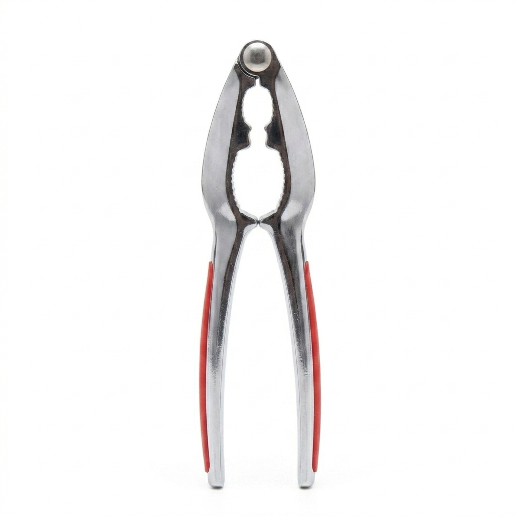 Metallic kitchen Nutcracker with red accents on a white background