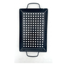 Black perforated grill basket on a white background
