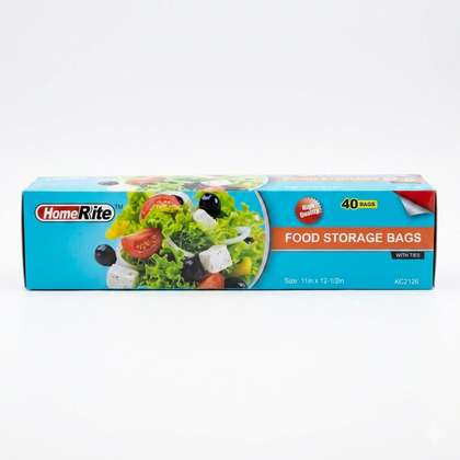 Box of HomeRite food storage bags with a salad image on a white background