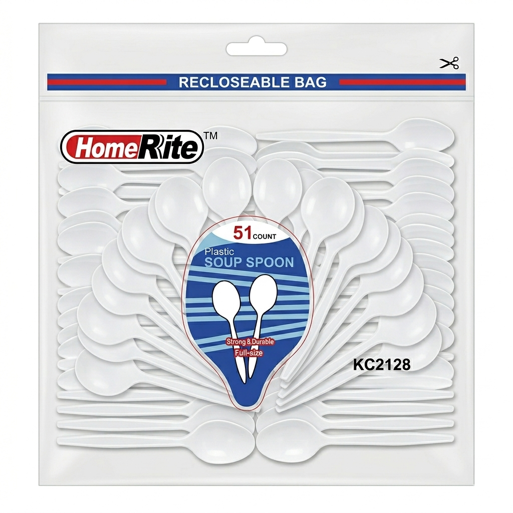 Packaging of HomeRite plastic soup spoons with recloseable bag feature.