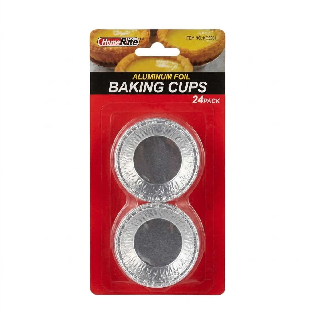 Pack of Home Rite Aluminum Foil Baking Cups with 24 pieces on a red background