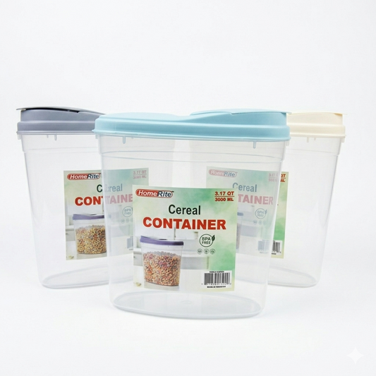 Three clear cereal containers with colorful lids on a white background