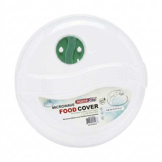 White microwave food cover with green handle on a white background