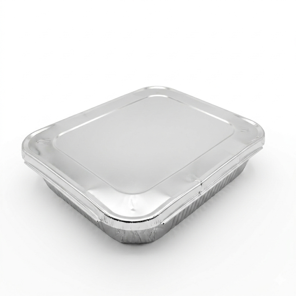 half size Aluminum food container with a lid on a white background