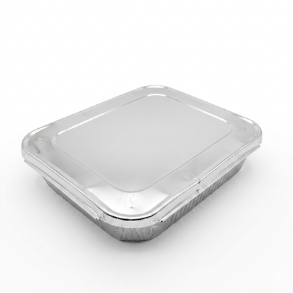 half size Aluminum food container with a lid on a white background