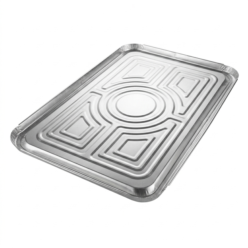 Metal tray lid with a textured surface on a white background