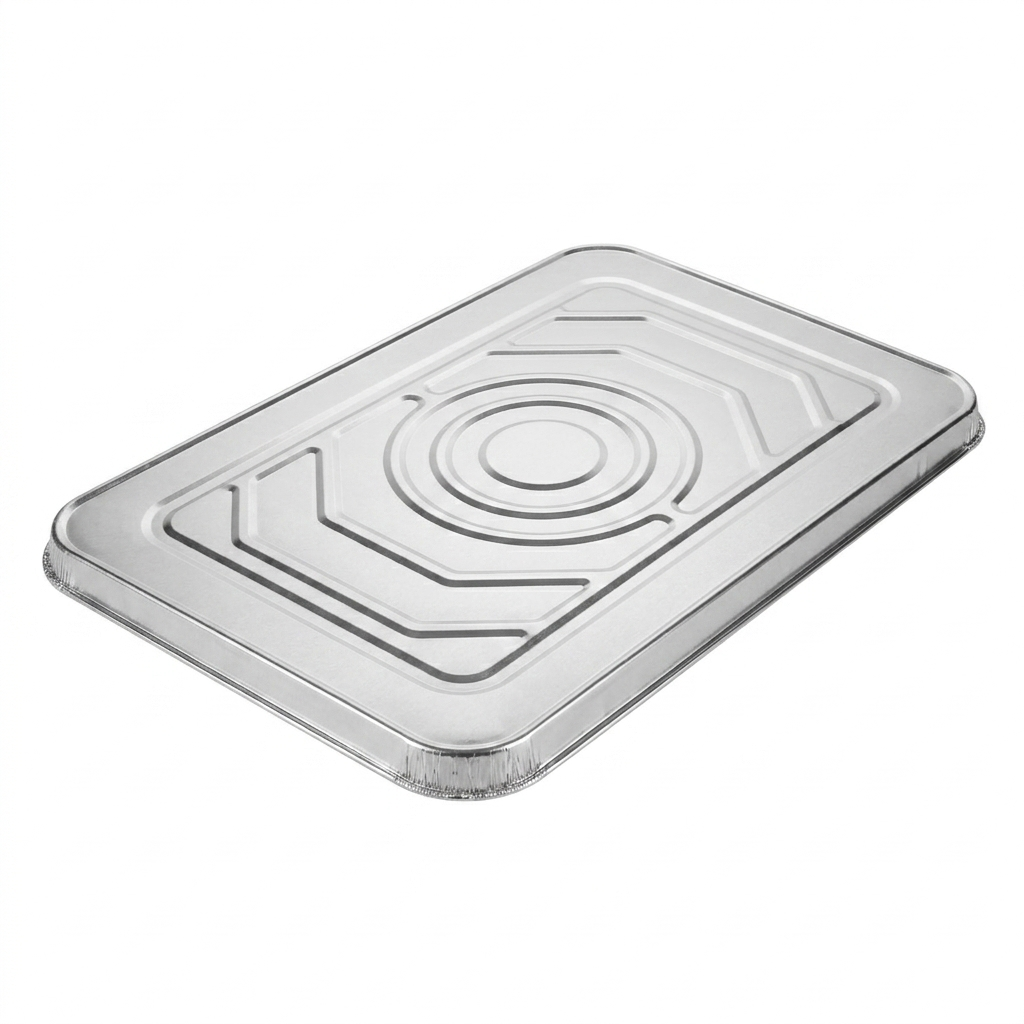 Rectangular metal tray lid with a textured surface on a white background