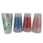 Four clear plastic cups with printed floral designs in green, blue, red, and pink, displayed on a white background. One cup still has its retail paper sleeve attached.