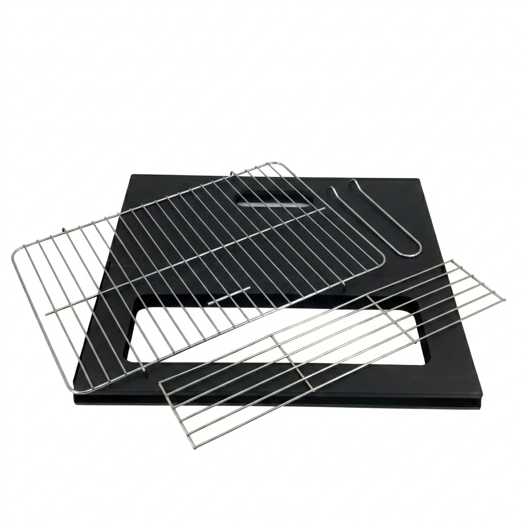 Black grill pan with metal cooling rack on a white background