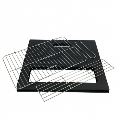 Black grill pan with metal cooling rack on a white background