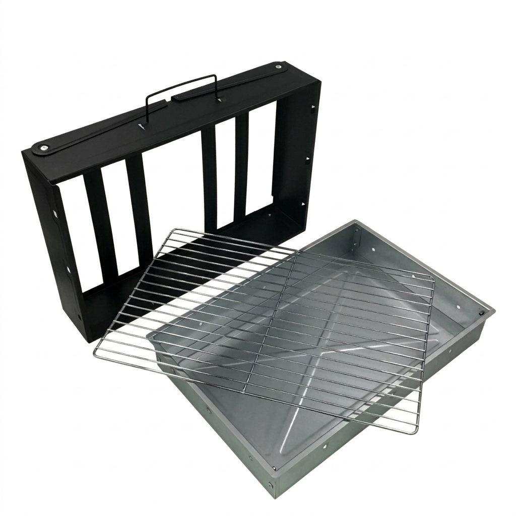 Barbecue grill with black frame and metal grates on a white background