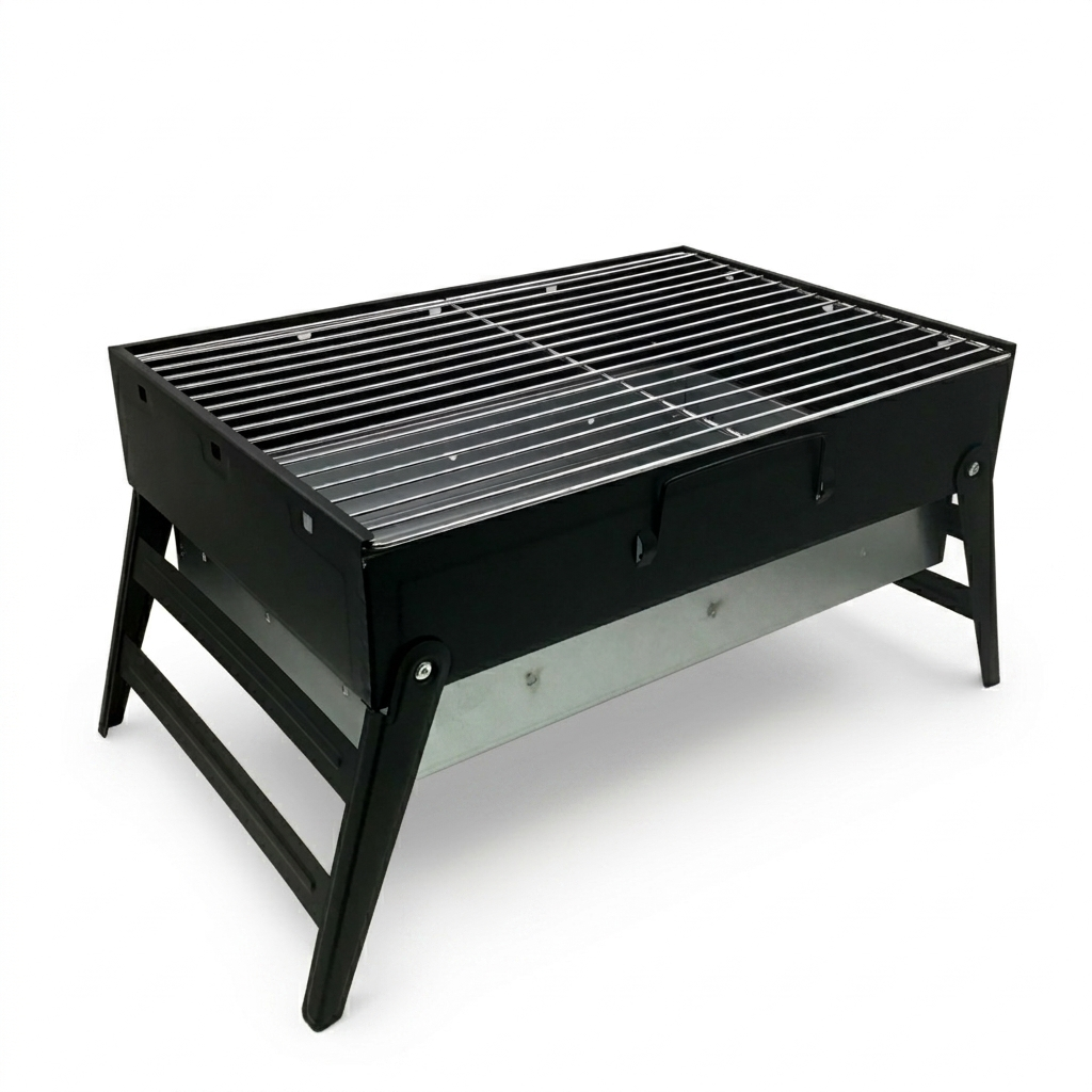 Black portable grill on a white background