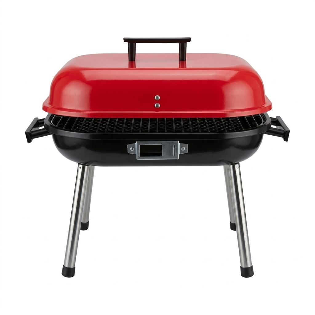 Portable 17-inch square charcoal grill with red lid and black base on a white background
