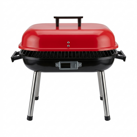 Portable 17-inch square charcoal grill with red lid and black base on a white background