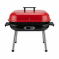Portable 17-inch square charcoal grill with red lid and black base on a white background