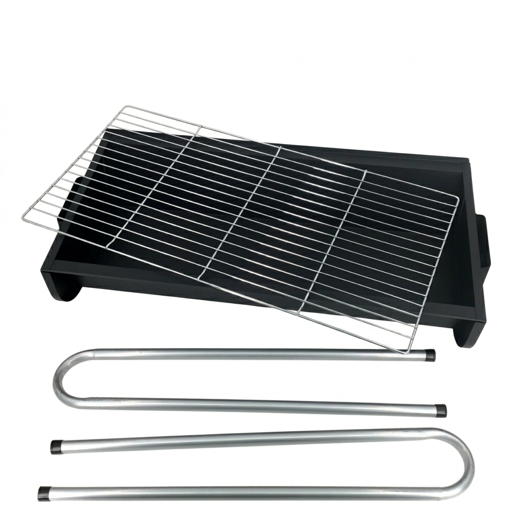 Barbecue grill with wire rack and metal legs on a white background