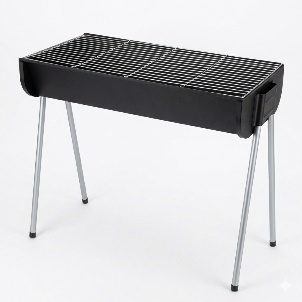 Black portable grill with metal legs on a white background