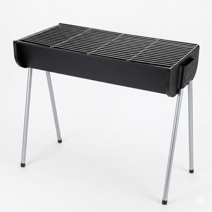 Black portable grill with metal legs on a white background
