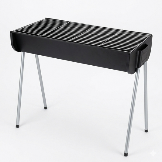 Black portable grill with metal legs on a white background