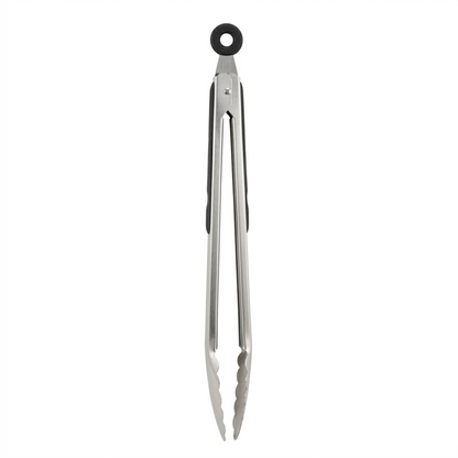 Stainless steel tongs on a white background