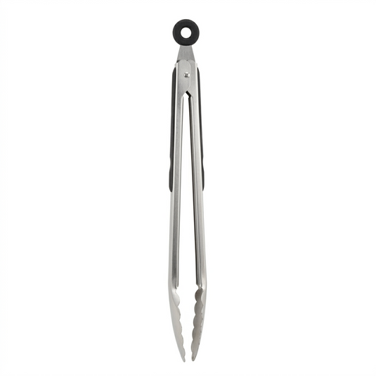 Stainless steel tongs on a white background