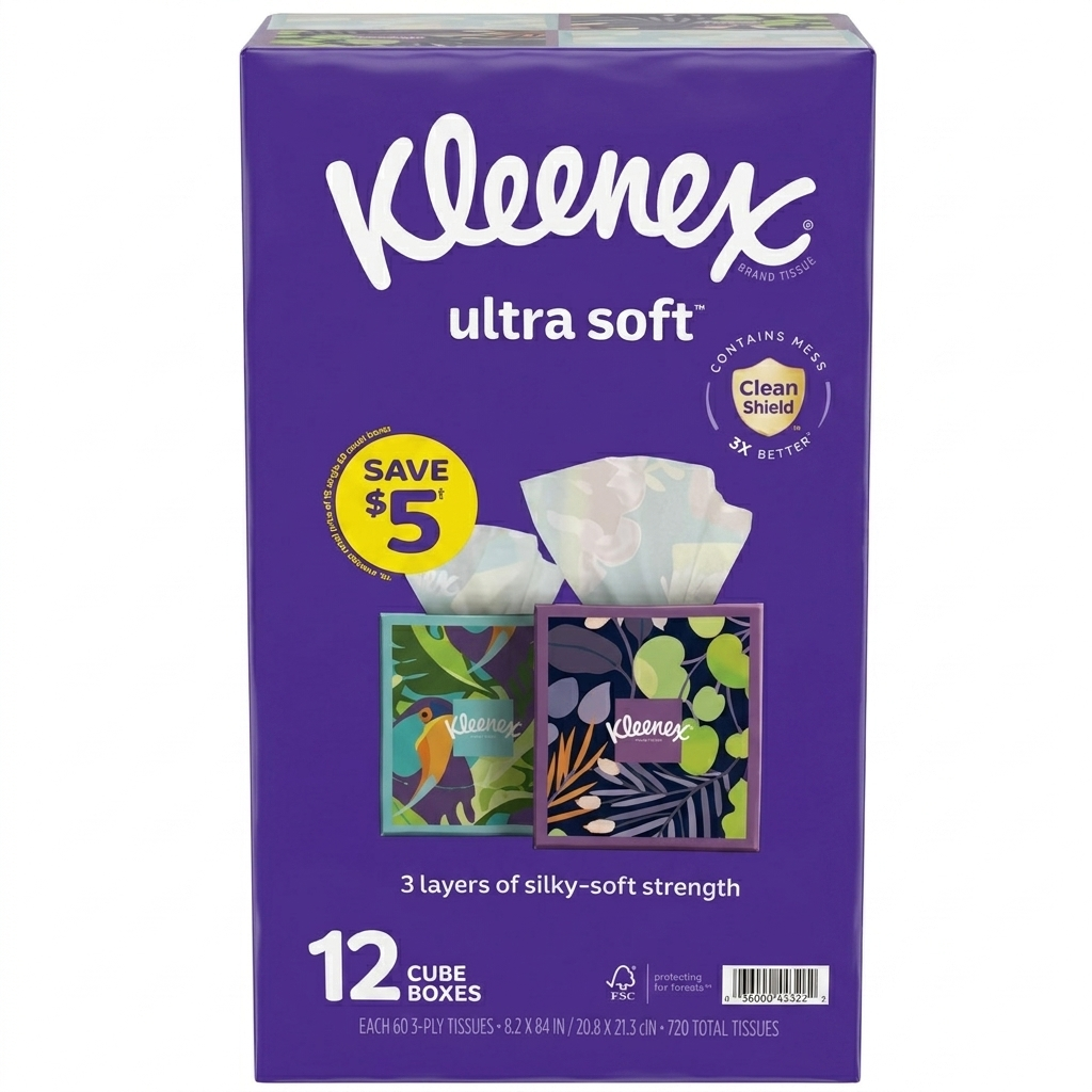 Kleenex ultra soft tissues packaging with purple background