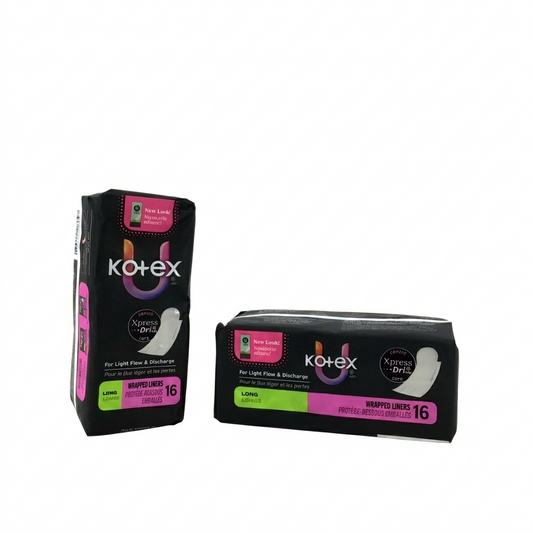 Two boxes of U by Kotex pads on a white background