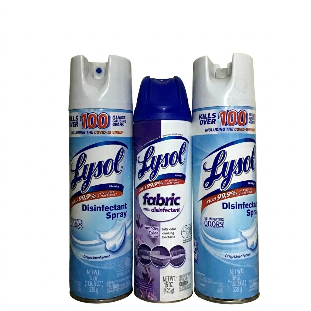 Three Lysol cleaning products on a white background