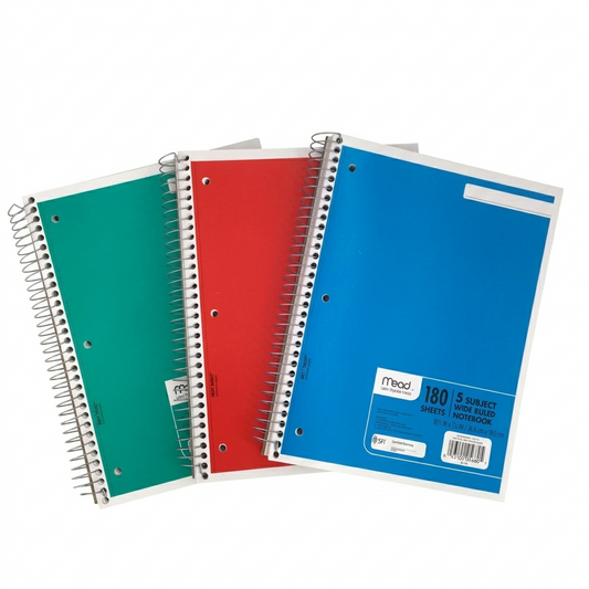 Three spiral-bound notebooks in green, red, and blue on a white background