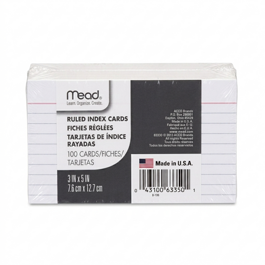 Pack of Mead ruled index cards with label on a white background