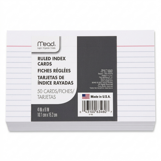 Mead ruled index cards with packaging on a white background