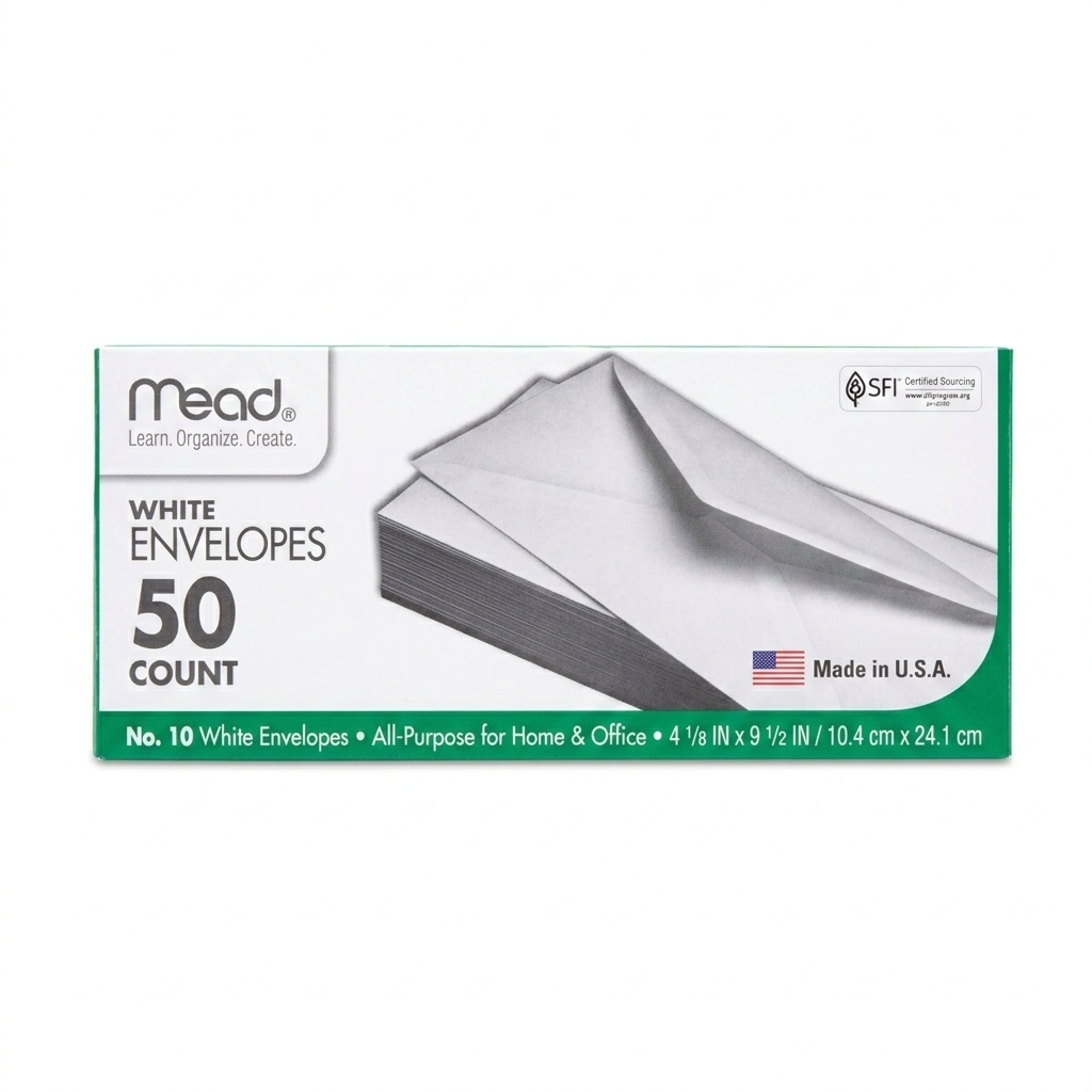 Box of Mead white envelopes with 50 count on a white background