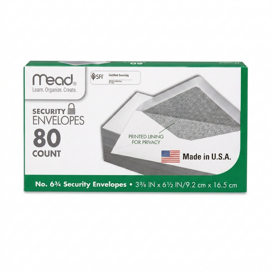 Mead security envelopes packaging with text and an envelope image on a white background