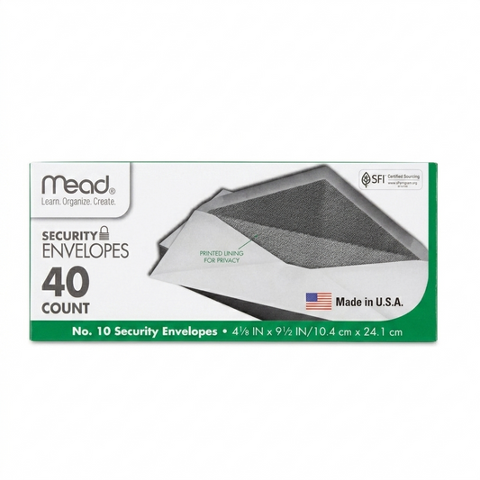 Box of Mead security envelopes with a clear envelope on a white background