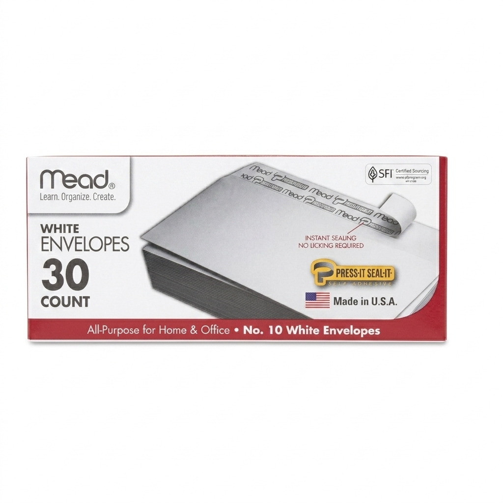 Mead white envelopes packaging with red border on a white background