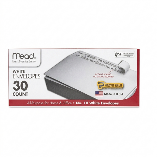 Mead white envelopes packaging with red border on a white background