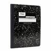 Black composition notebook with speckled pattern and Mead label on a white background