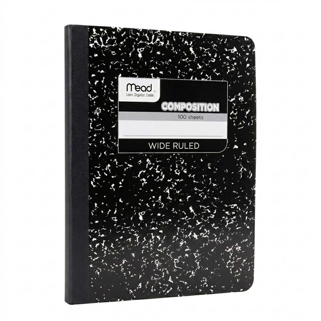 Black composition notebook with speckled pattern and Mead label on a white background