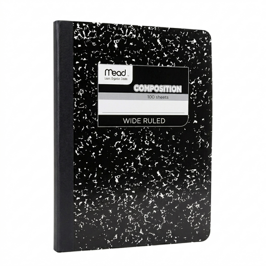 Black composition notebook with speckled pattern and Mead label on a white background