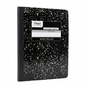 Black composition notebook with speckled pattern and Mead label on a white background