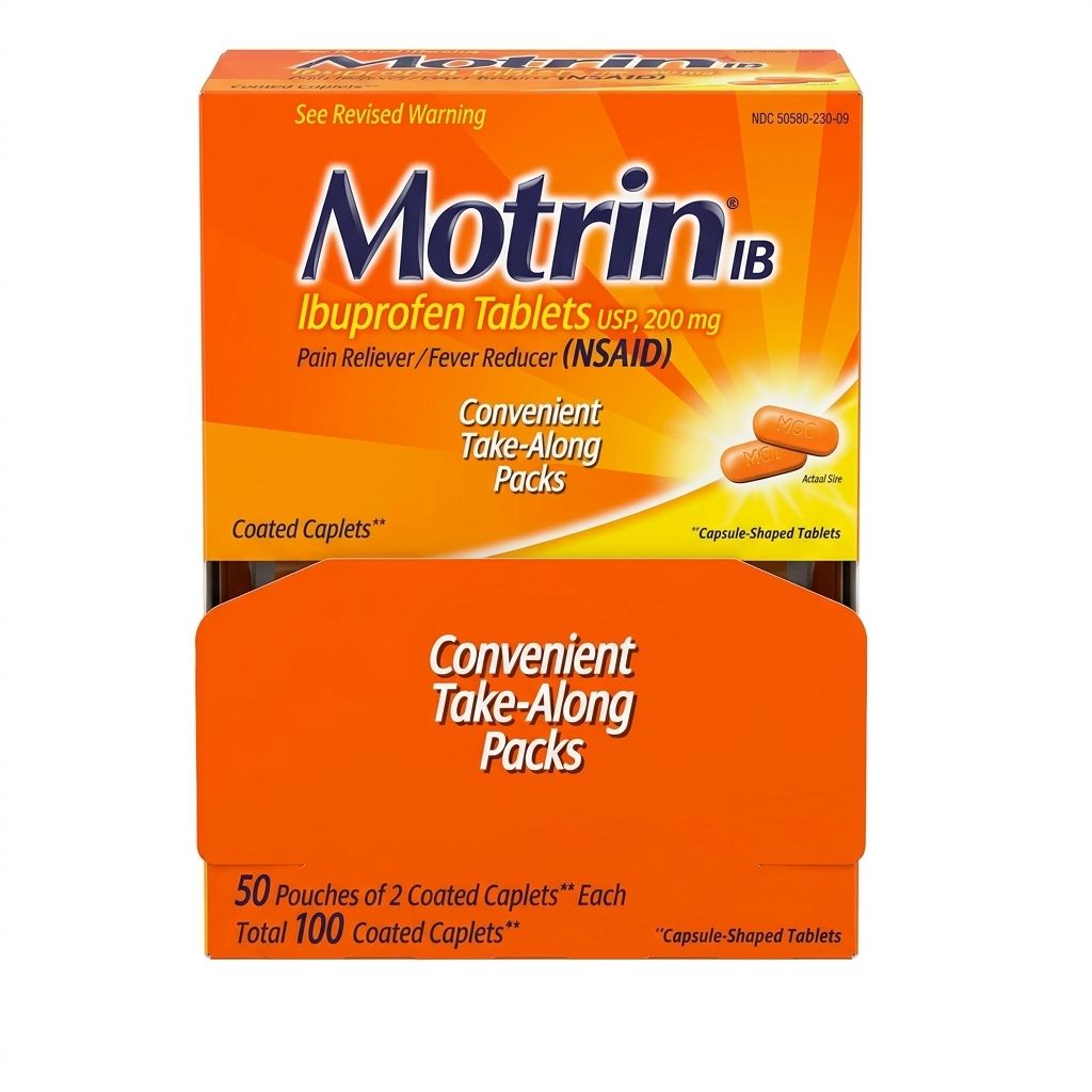 Box of Motrin Ibuprofen Tablets on a white background