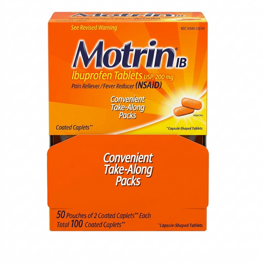 Box of Motrin Ibuprofen Tablets on a white background