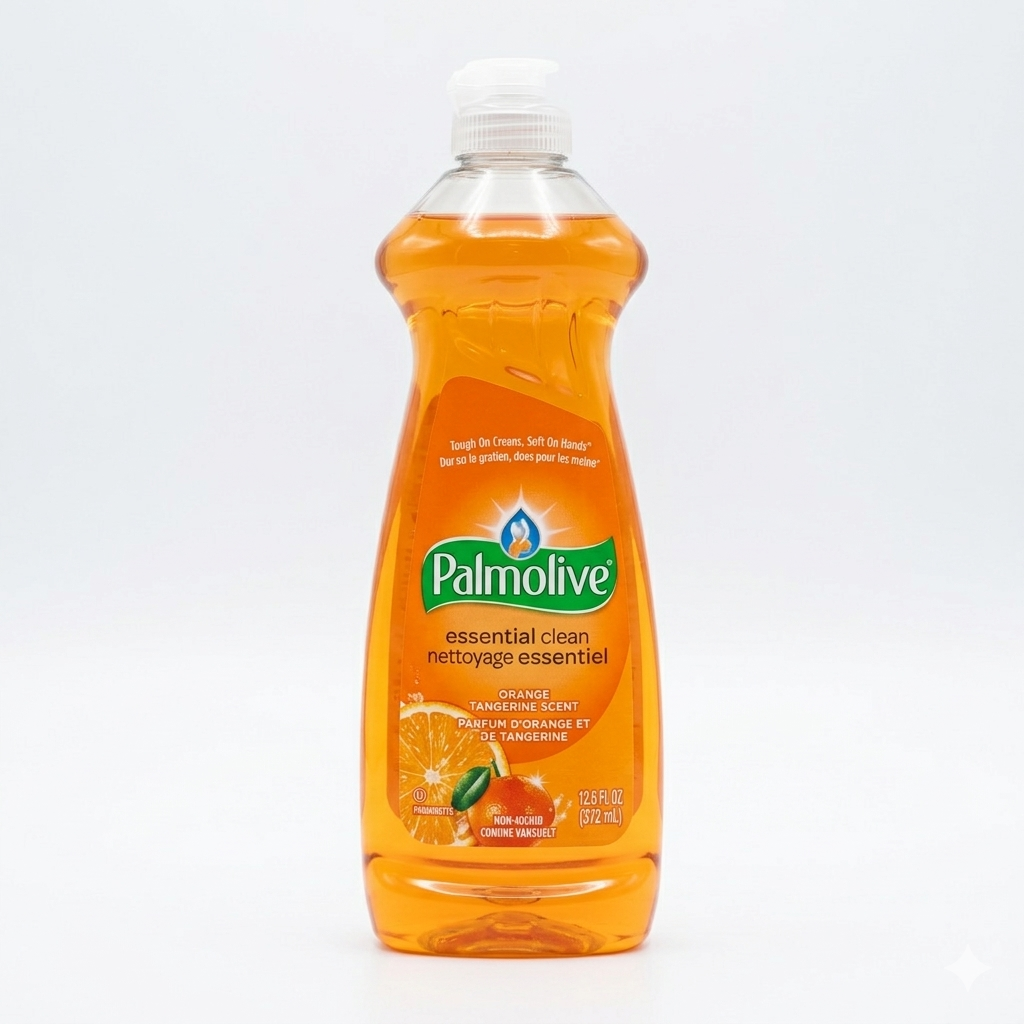 Palmolive dish soap bottle with orange liquid on a white background